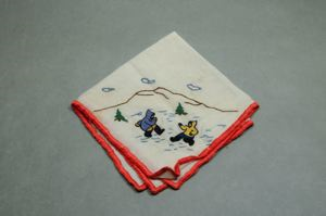 Image of Two figures approaching one another, one of a set of 4 embroidered napkins, each with different outdoor activity 